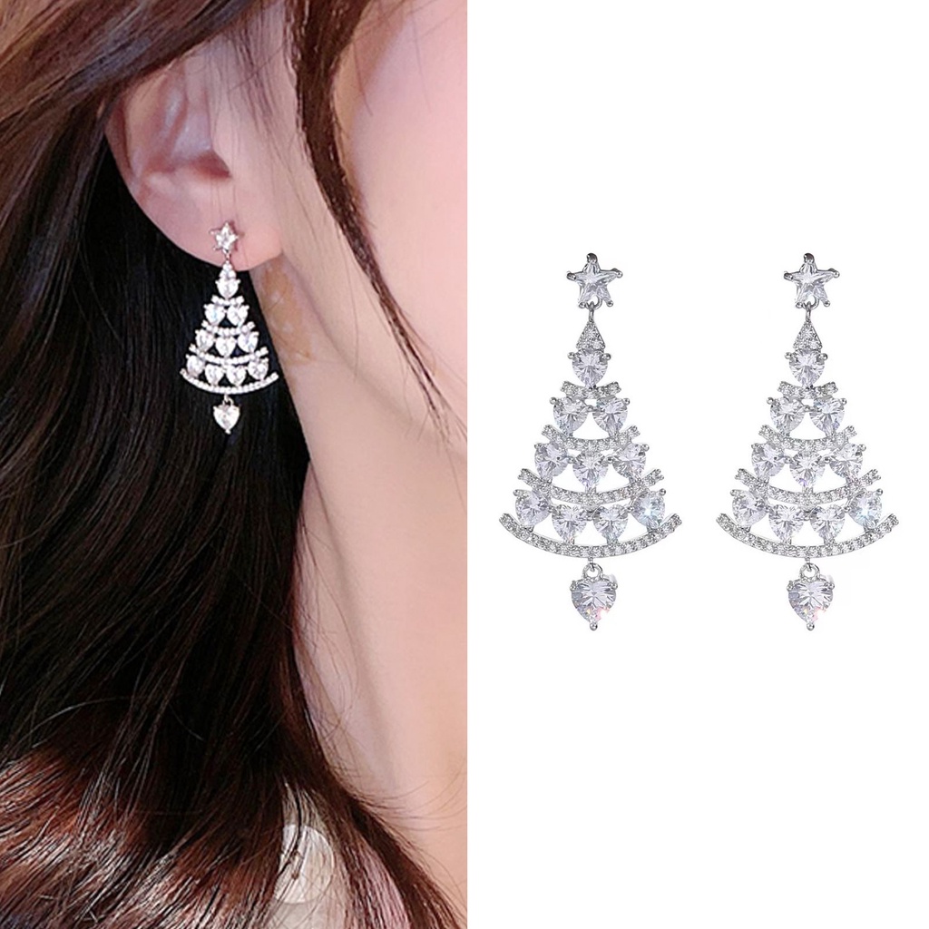 Bông Tai Mạ Bạc 925 Hình Cây Thông Giáng Sinh Xoay Được Đính Đá Zircon Lấp Lánh Trang Sức Cho Nữ