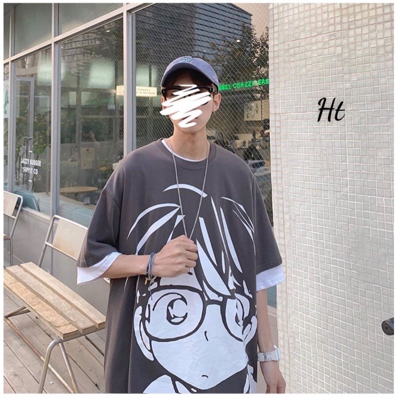 Áo thun tay lỡ in mặt conan đeo kính