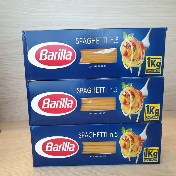 Com bo 3 hộp mỳ ý hiệu Barilla pasta sợi hình ống cỡ số 5 Spaghetti hộp 1 kg