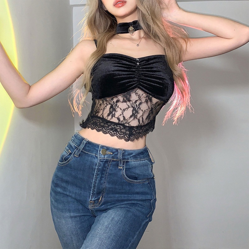 Brroa Áo Crop Top Không Tay Có Vòng Choker Gợi Cảm Bằng Nhung Viền Ren Mỏng Vừa Vặn Phong Cách Gothic Harajuku Quyến Rũ Cho Nữ