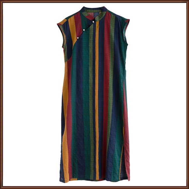 Đầm Sườn Xám Không Tay Cổ Đứng Chất Liệu Cotton Lanh Thoáng Khí Thoải Mái Họa Tiết Kẻ Sọc Cổ Điển Cho Nữ