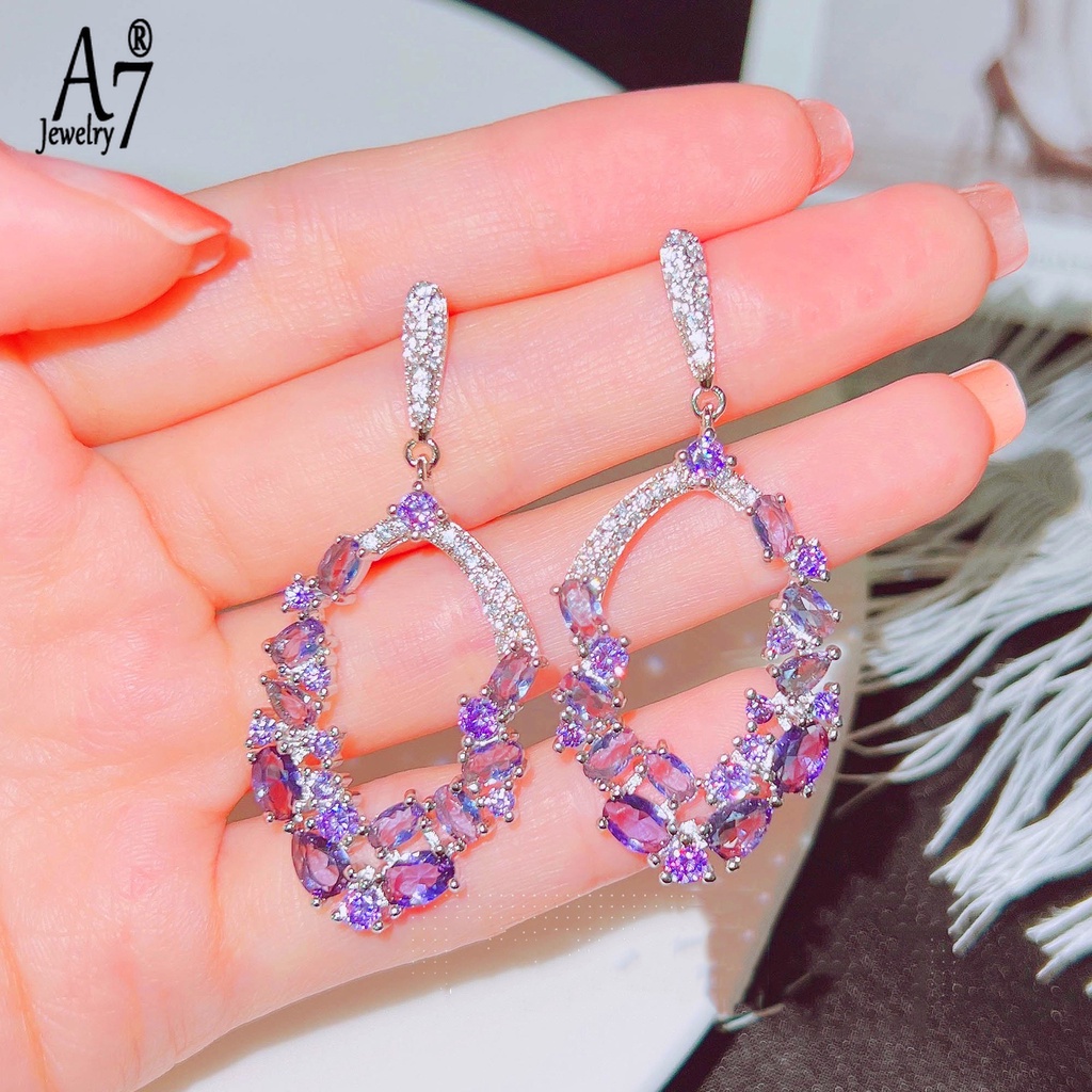 A7| Bông Tai Mạ Bạc 925 Hình Giọt Nước Đính Kim Cương Tím / Hoa Oải Hương / Giọt Nước Phong Cách