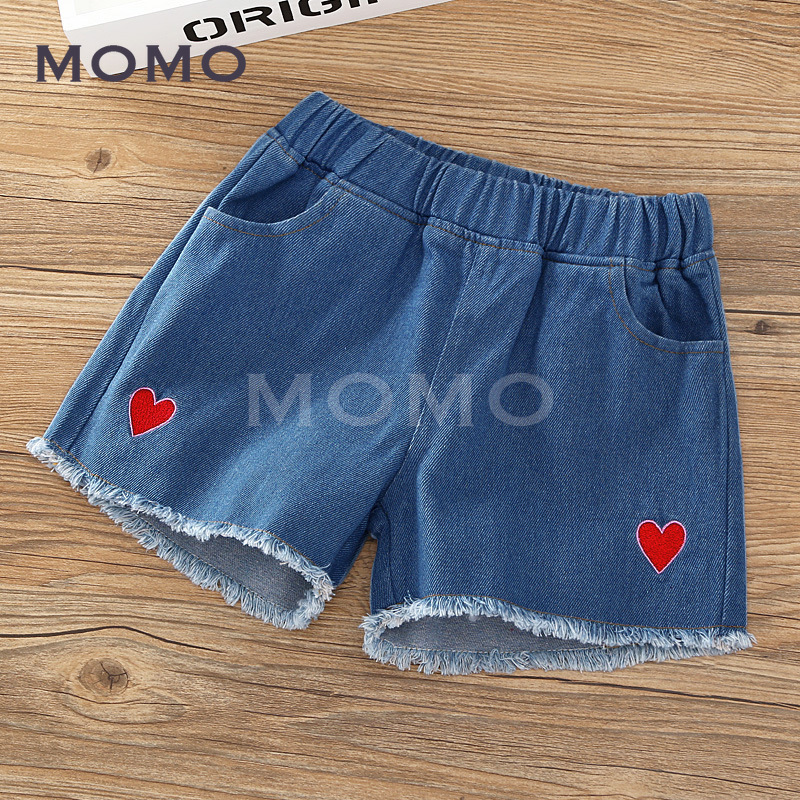 (3-16 Years Old) Children's Fashionable Embroidered Cartoon Denim Shorts Girls' Ripped White All-Matching Outdoor Hot Pants