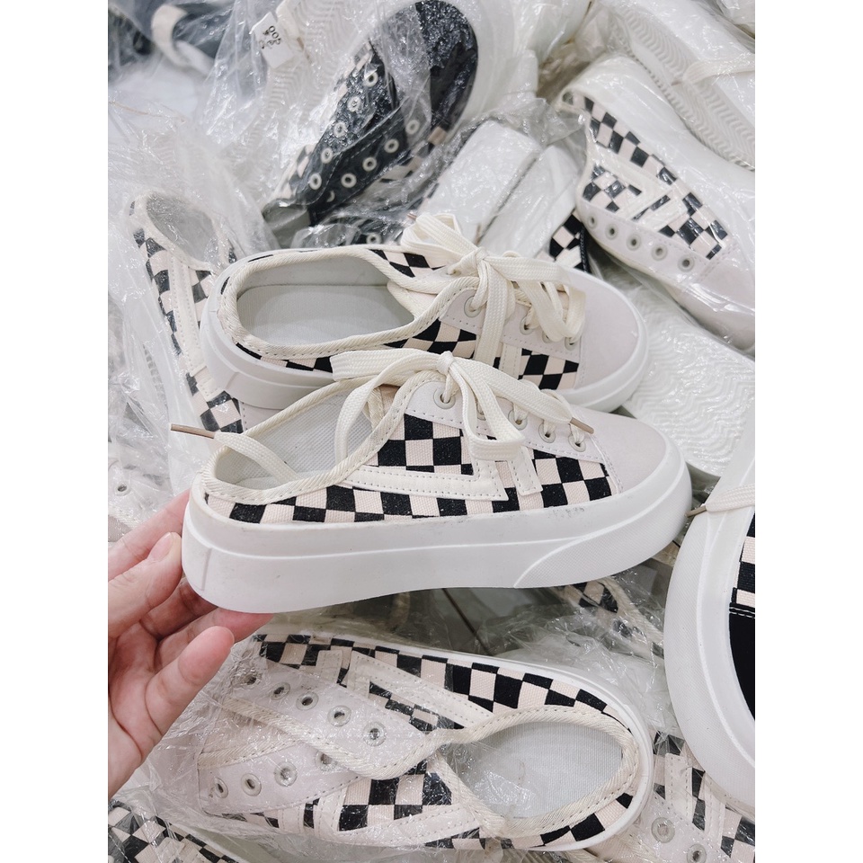 Giày  Sục Độn Đế Canvas Caro Mũi Tròn Nam Nữ Unisex Cao Cấp họa tiết caro, nâng đế 3,5cm SIÊU ĐỈNH