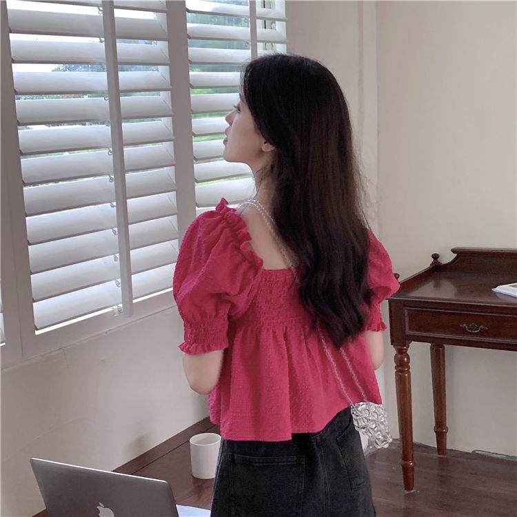 Áo Tay Phồng Ngắn Cổ Vuông Thời Trang Hàn Quốc Cho Nữ