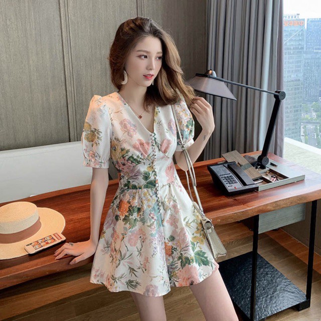 Đầm jumpsuit hoa tay ngắn Ulzzang