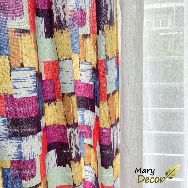 Rèm cửa sổ vải bố linen trang trí nhà cửa cực đẹp, giá tốt - hình khối sắc màu R-A05