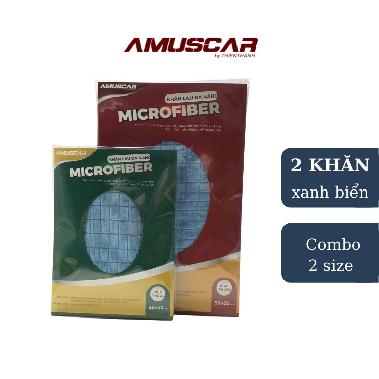 COMBO 2 size Khăn lau xe đa năng Microfiber màu xanh biển AmusCar