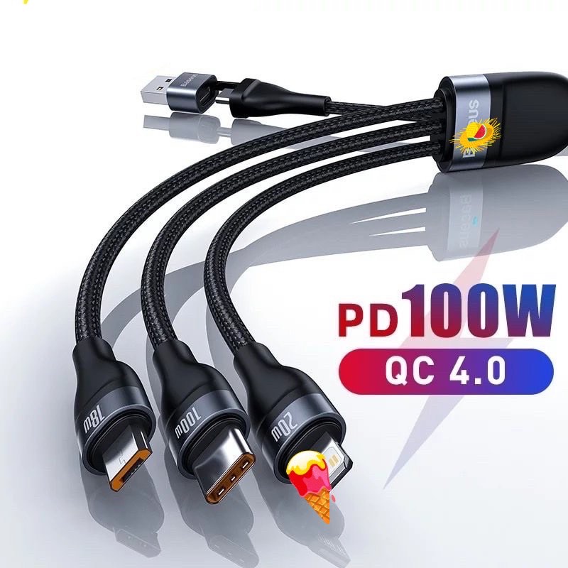 CHÍNH HÃNG Dây Cáp Sạc Nhanh 3 đầu 3 in 1 100W 1.2m dây sạc đa năng các máy điện thoại