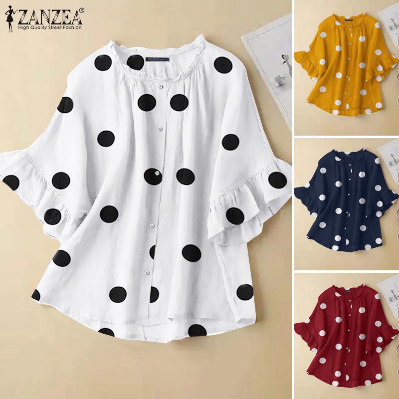 ZANZEA Áo Kiểu Cổ Tròn Tay 3 / 4 Họa Tiết Chấm Bi Phối Bèo Thời Trang Cho Nữ