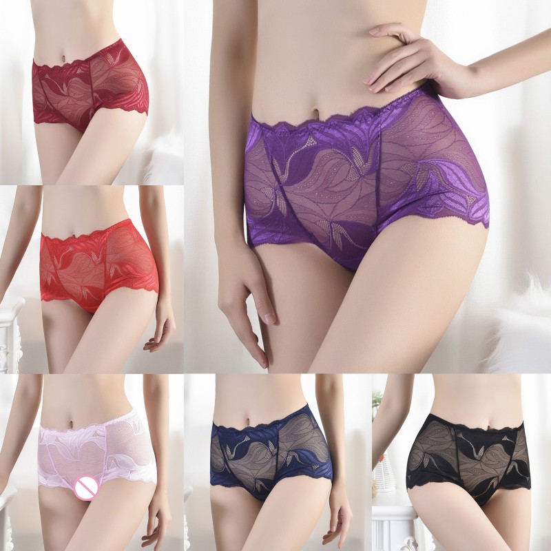 YOUYO Women Mid Rise Breathable Seamless Panies Underwear Sexy Translucent Hollow Out Floral Lace Briefs Cotton Crotch Lingerie Thong