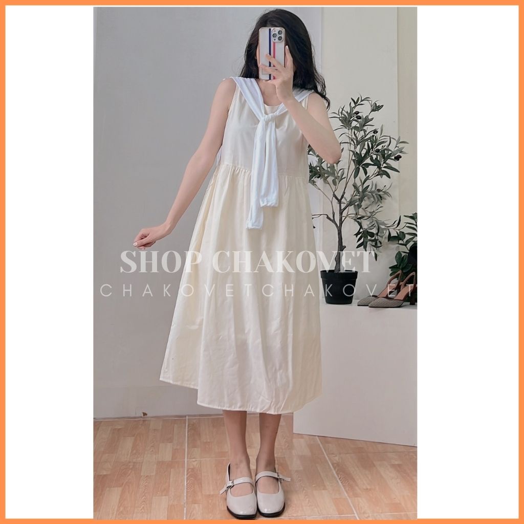 Váy nữ đi biển dáng dài kèm khăn V8232 đầm nữ maxi dáng suông ulzzang form rộng màu be trắng freesize babydoll -CHAKOVET | BigBuy360 - bigbuy360.vn