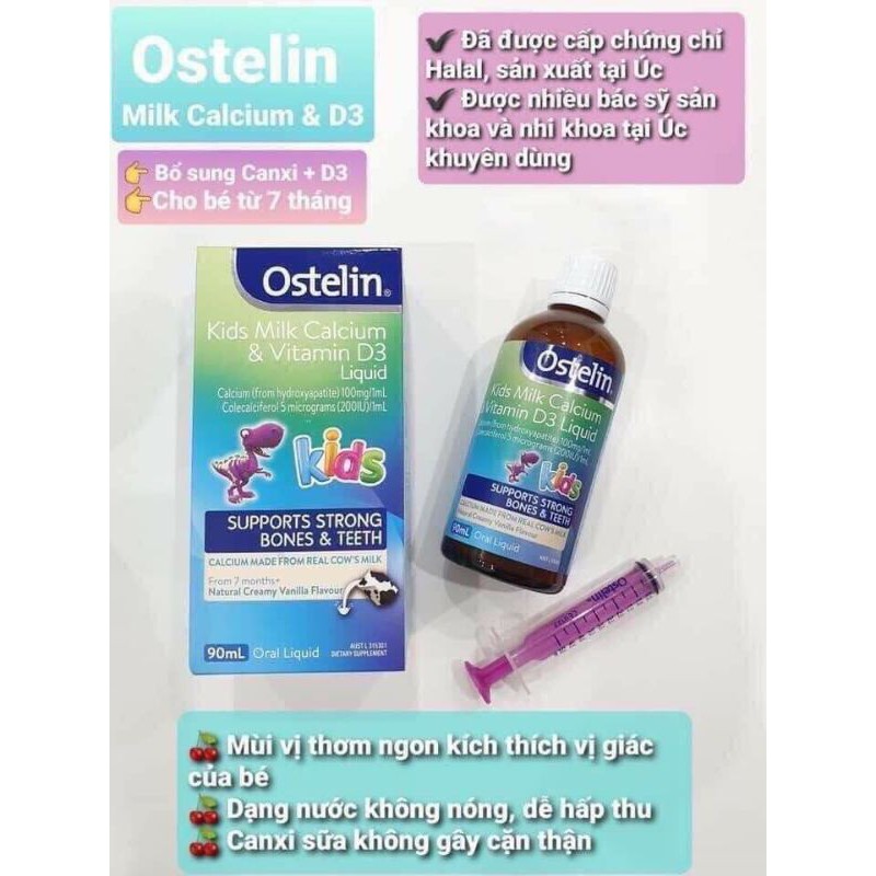 (HOT) Canxi + Vitamin D: Ostelin Kid Milk Calcium & Vitamin D3 Liquid, Canxi Ostelin 90ml Kid Hàng sẵn