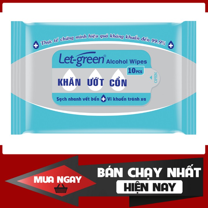 Hàng Mới Về💥Combo 5 Gói💥Khăn Ướt Cồn Diệt Khuẩn 99,9% Let-Green 10 Miếng/Gói, Nhỏ Gọn, Tiện Dụng