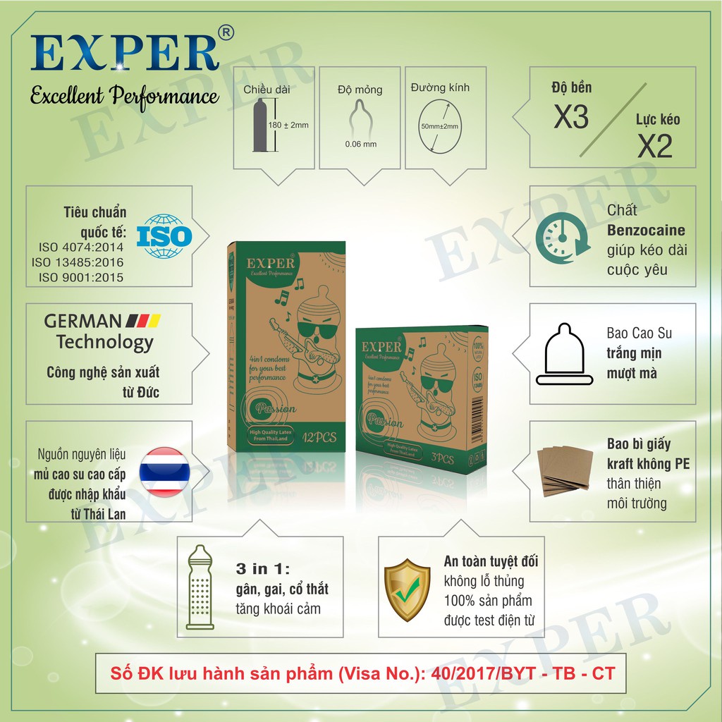 Bao cao su EXPER Passion 4 in 1 chất lượng cao công nghệ Đức bcs gân gai cổ thắt kéo dài