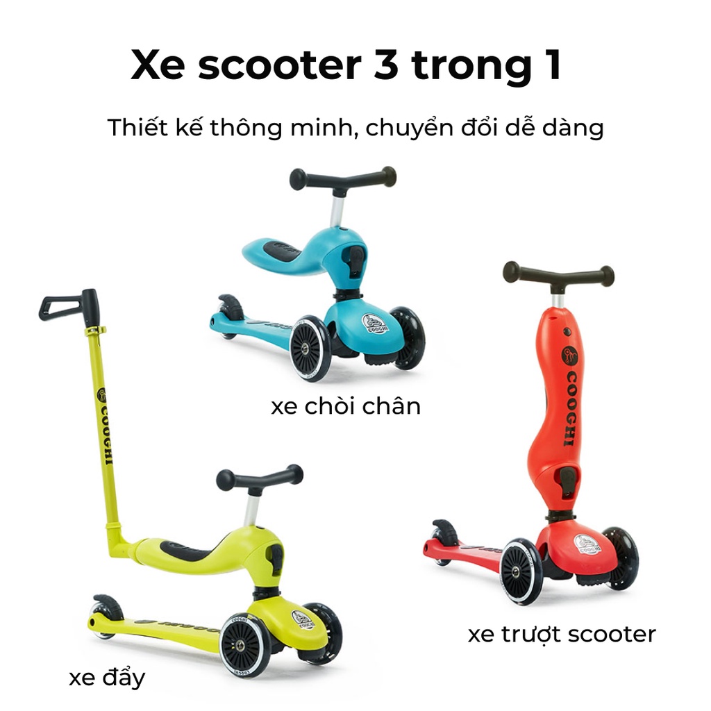 Xe scooter 3 in 1 Cooghi Velo Kids cho bé 1-5 tuổi kết hợp chòi chân có cần đẩy, đèn LED