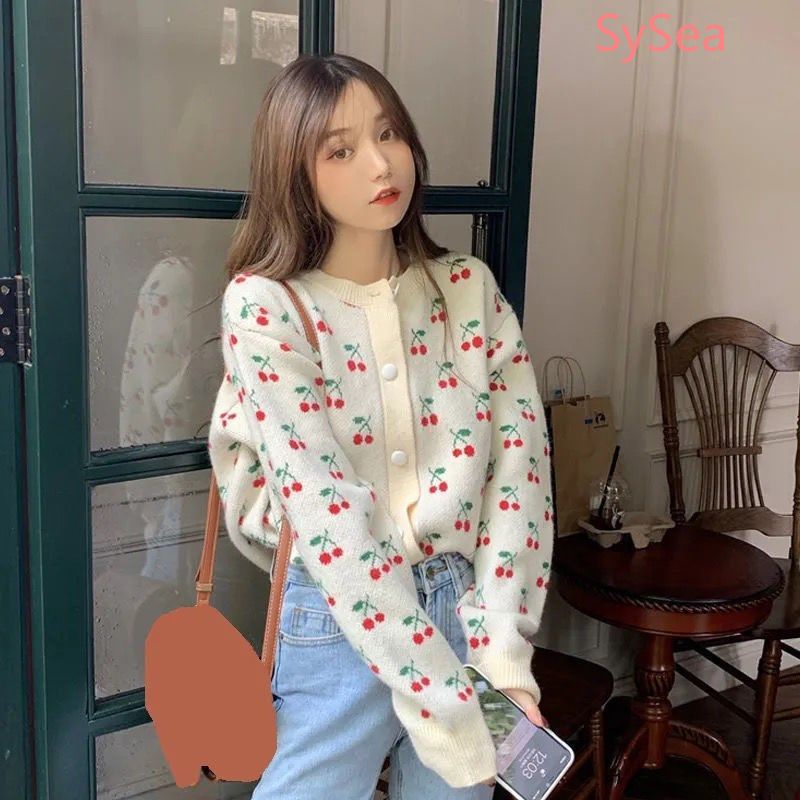 Áo khoác cardigan dệt kim dáng rộng in hình quả cherry thời trang mùa đông xinh xắn cho nữ