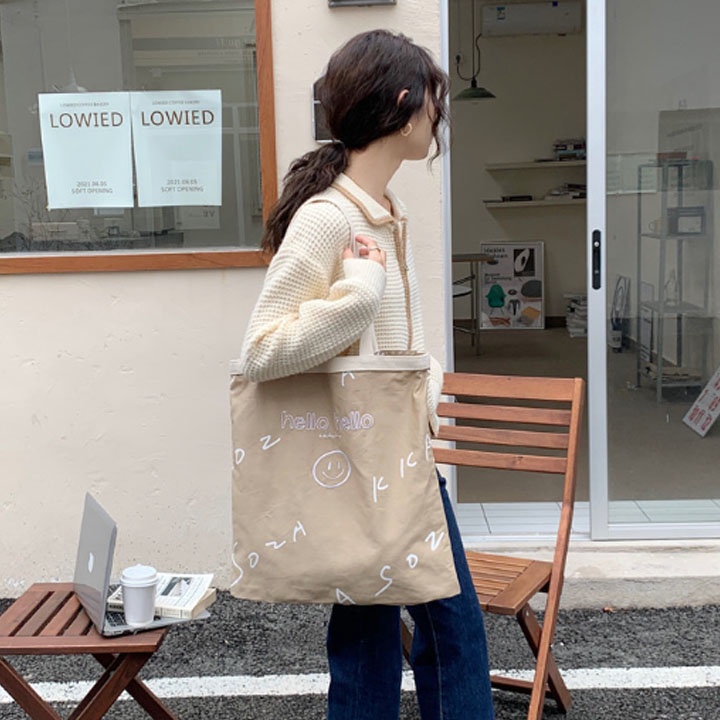 Túi vải canvas thêu chữ Hello