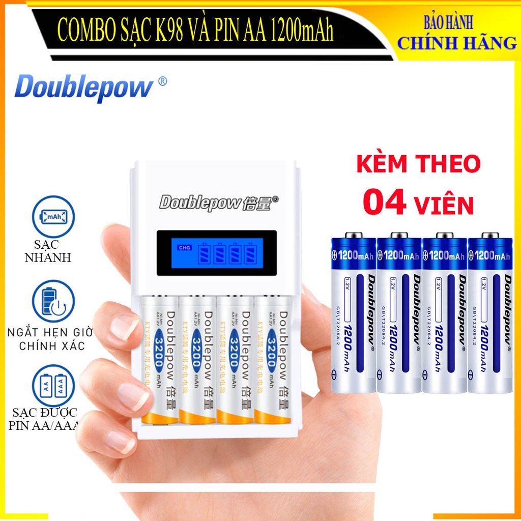 Bộ sạc pin tiểu (sạc pin AA, AAA) tốc độc cao Double pow, thông minh - DP-K98 + Tặng kèm 04 viên pin AA 1200mah