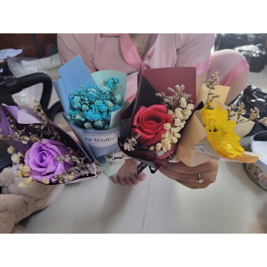 Quà tặng hoa khô mini và túi phối gấu teddy