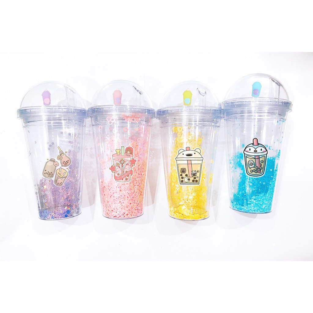 cốc 2 lớp kim tuyến trà sữa khủng long CNCKI20 cốc giữ nhiệt boba tea cốc làm lạnh dễ thương 500ml