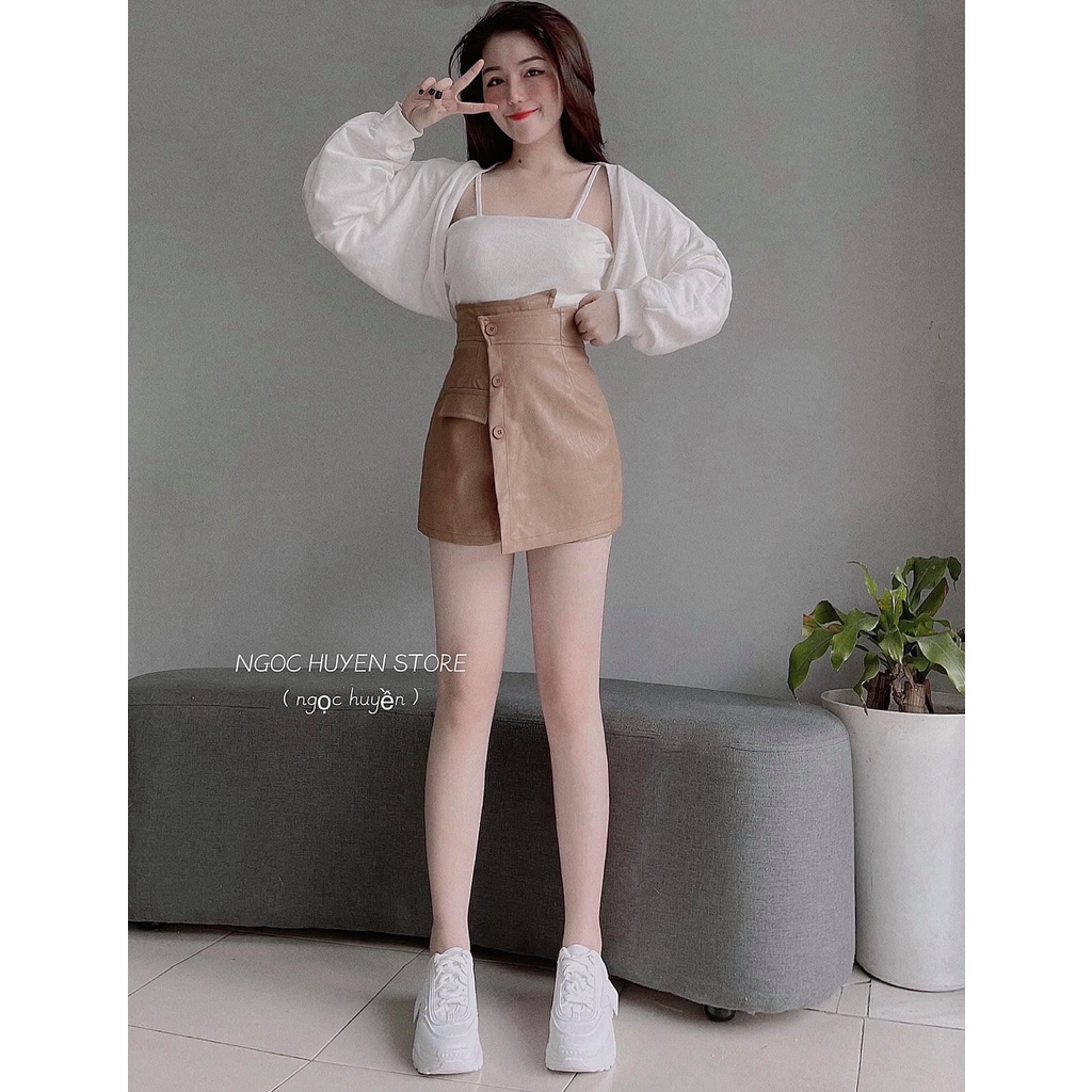 Chân váy da cạp chéo quần giả váy vạt chéo 3 cúc màu da có khóa kéo sau lưng THANH LÝ