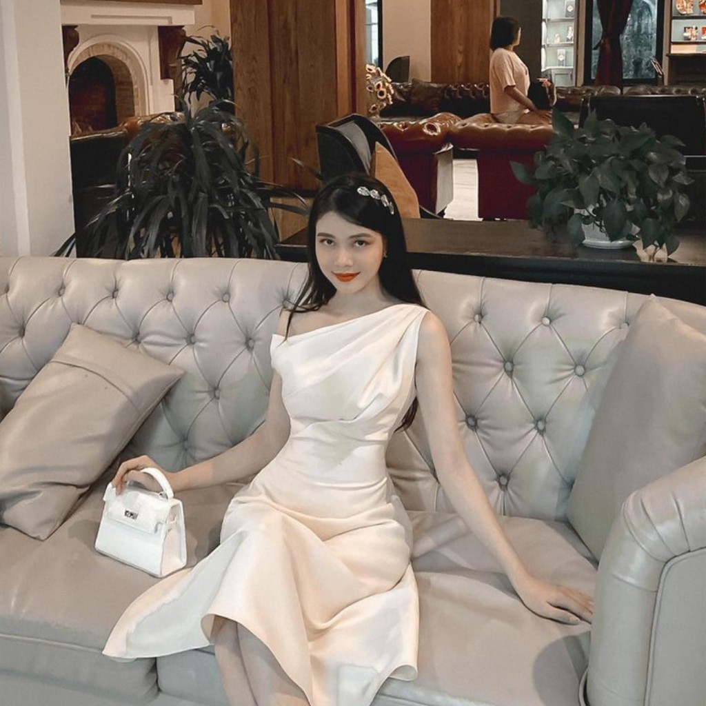 Đầm Dự Tiệc Lệch Vai Dáng Xòe Màu Nude sang trọng quý phái thời thượng | BigBuy360 - bigbuy360.vn