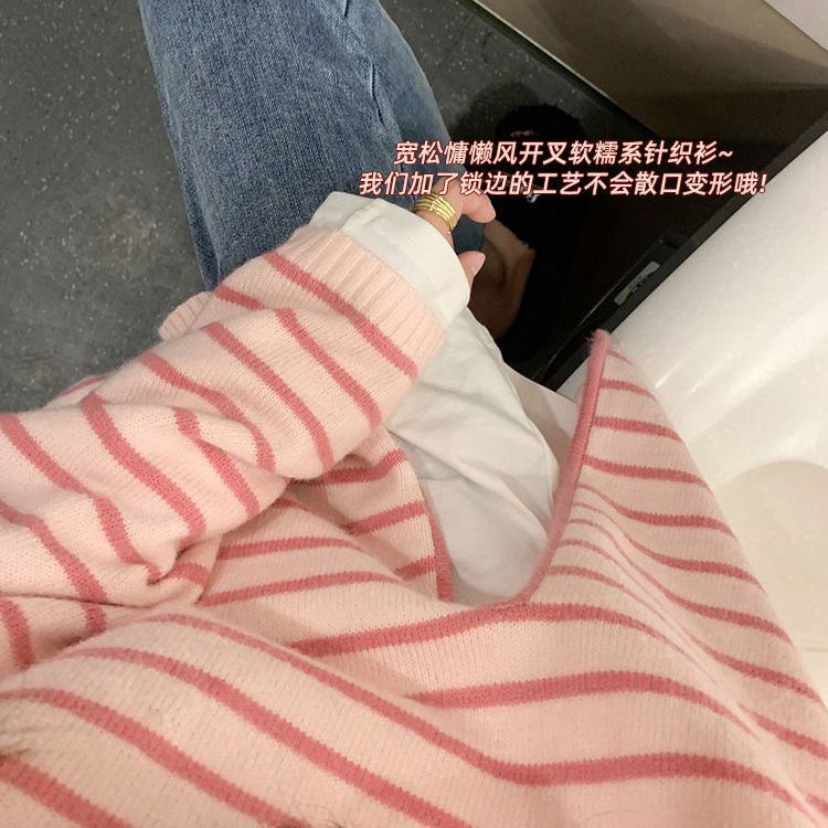 Áo sweater Dệt Kim Cổ Tròn Dáng Rộng Xẻ Tà Họa Tiết Kẻ Sọc Màu Hồng Ngọt Ngào Phong Cách Hàn Quốc