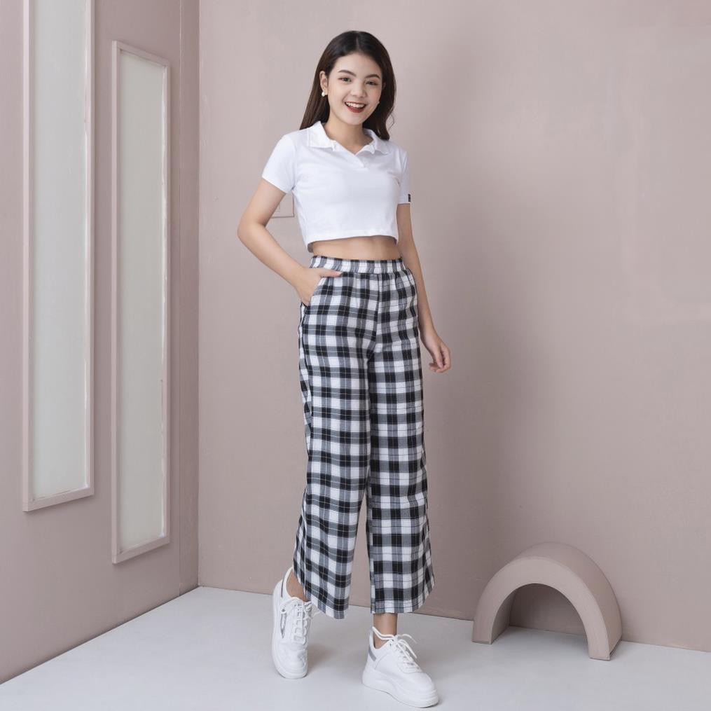 Quần Caro MADELA Suông Ống Rộng loại Cạp Chun, Quần Loe Kẻ Caro Dáng Đứng Phong Cách Trẻ Trung Hot Hít