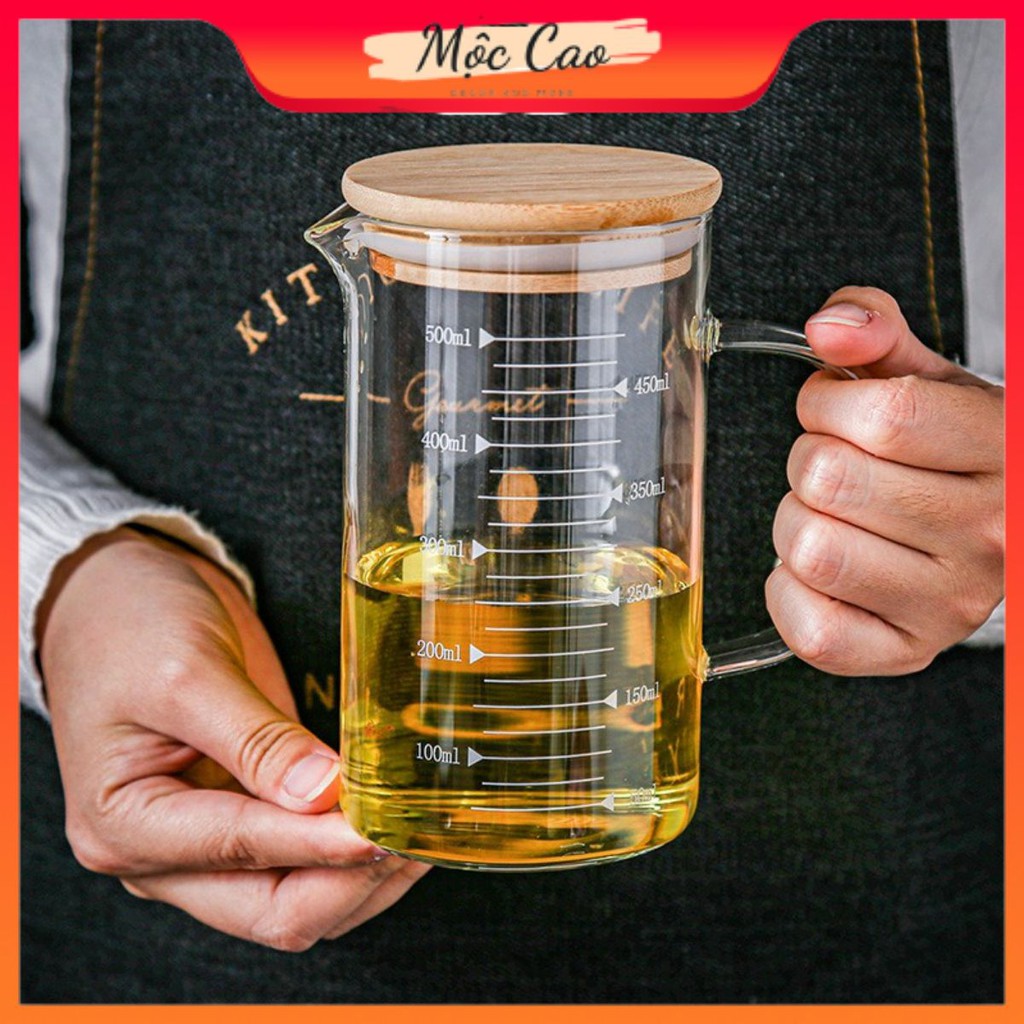 Cốc thủy tinh chia vạch, ly thủy tinh chia vạch kèm nắp gỗ chịu sốc nhiệt, tiện dụng trong gia đình | BigBuy360 - bigbuy360.vn