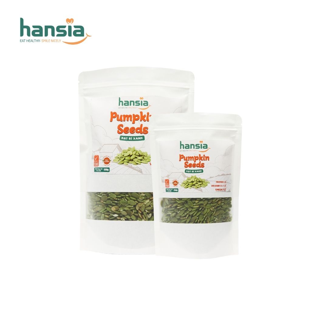 Hạt Bí Xanh Organic HANSIA Thơm Ngon, Bổ Dưỡng Chứa Nhiều Viatamin Và Khoáng Chất, Tăng Cường Sức Khỏe Túi 250g - 500g