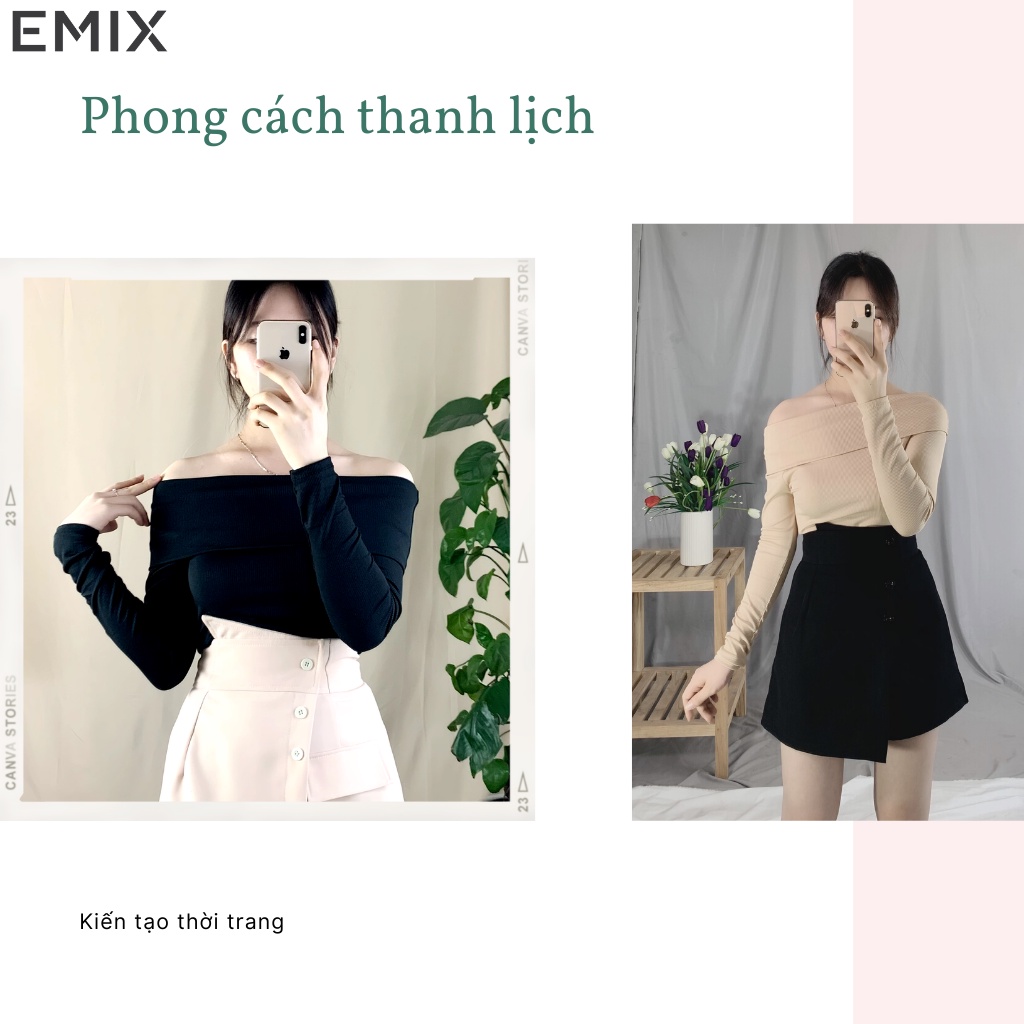 Áo len trễ vai EMIX (3 màu), cá tính, dáng dài, dài tay, form ôm, freesize, vải len tăm mềm đẹp