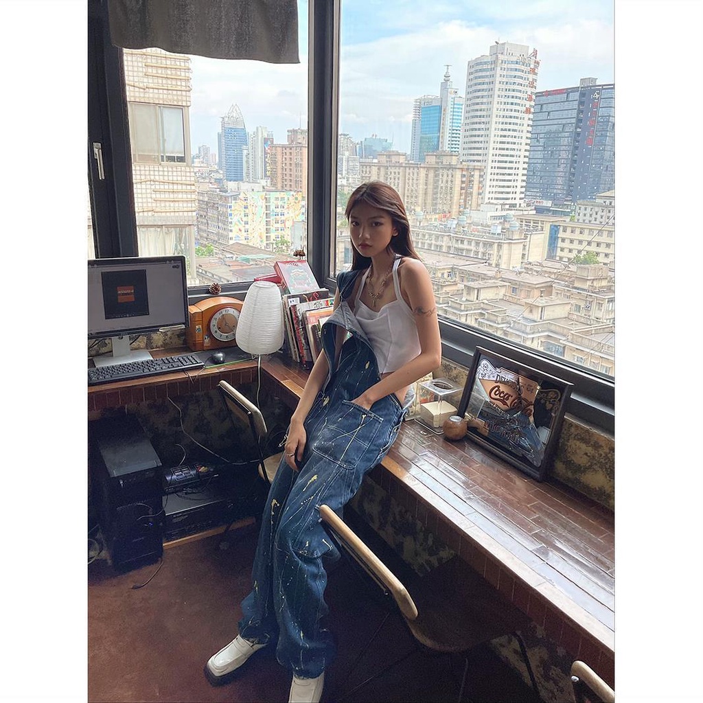 Honypove Quần yếm denim ống rộng phong cách hiphop thời trang đường phố cho nữ