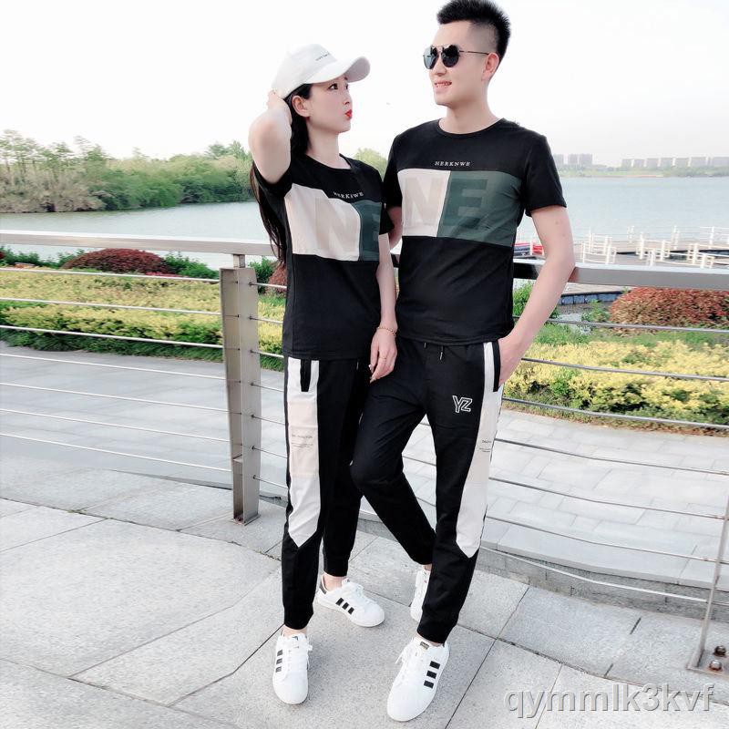 ◎☄№Người nổi tiếng mùa hè Bộ đồ thể thao giản dị nam phiên bản Hàn Quốc xu hướng cặp đôi cổ tròn tay áo thun quần tây ha