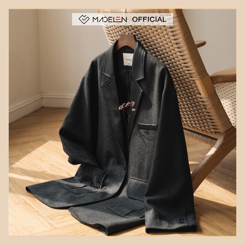 Áo khoác dạ nữ MADELEN mix da màu xám đen dáng rộng freesize