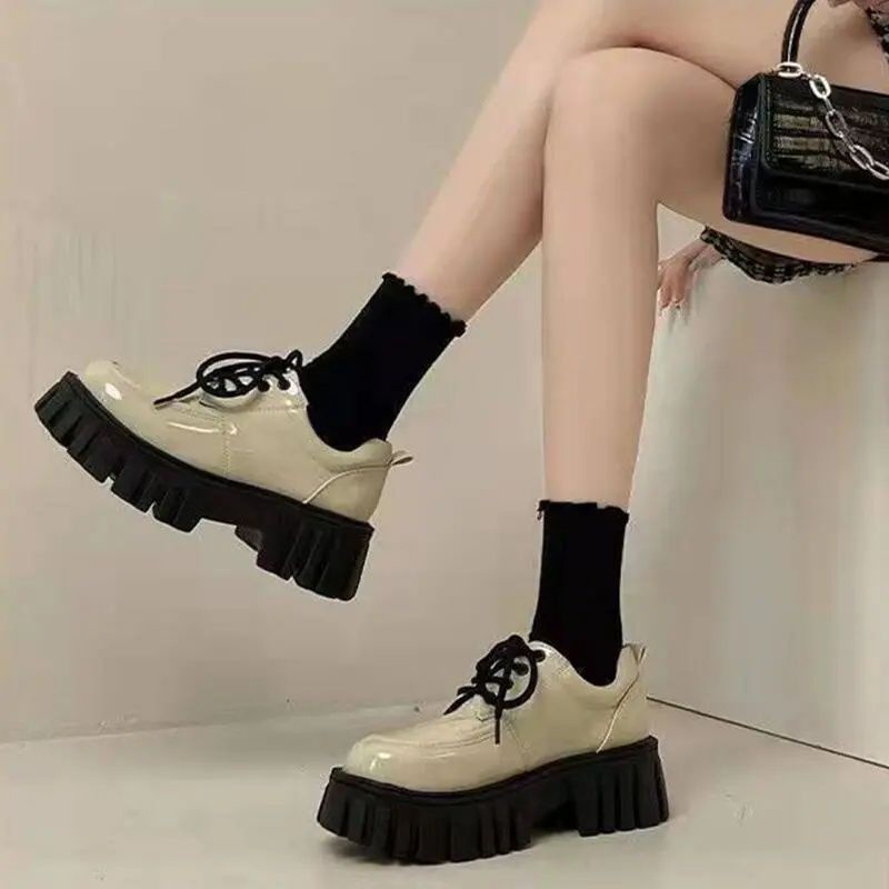 Giày Da Đế Xuồng Cột Dây Phía Trước Phong Cách Anh Quốc