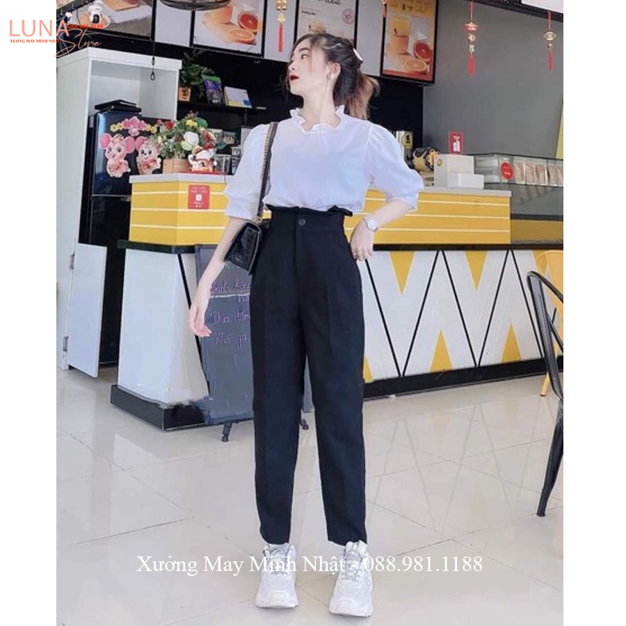 Quần baggy nữ cạp bèo cao 2 tầng xếp ly dáng quần tây đi học lưng cao vải Vitex dày học sinh đi làm công sở cách điệu