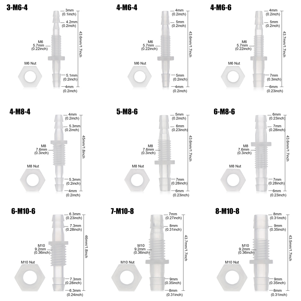 Bộ 5 Đầu Nối Ống Nước Bể Cá 3-8mm M6 ~ M10