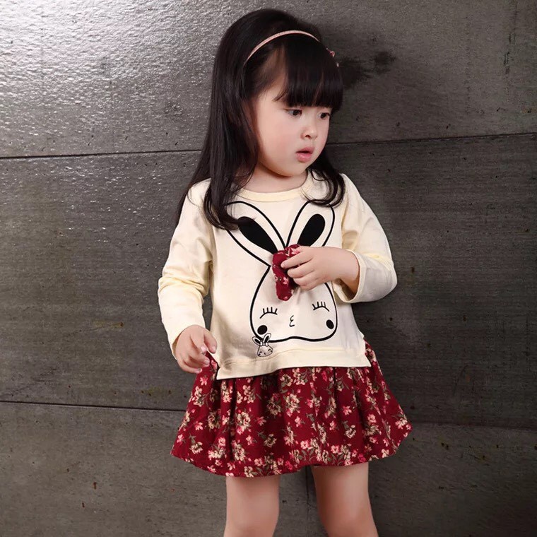 Váy thu đông dài tay họa tiết thỏ hoa cực xinh cho bé gái - Vải Quảng Châu siêu xịn
