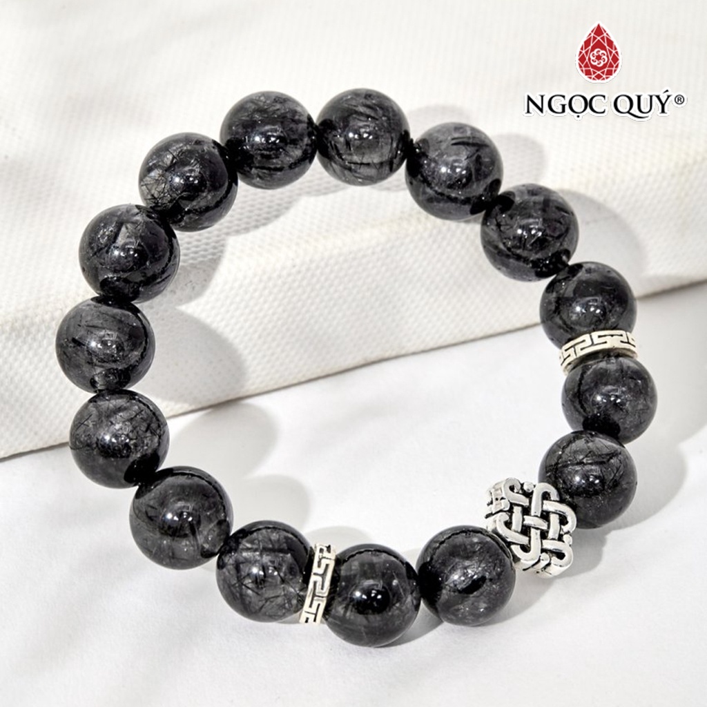 Vòng tay đá TA tóc đen phối charm bạc đồng tâm 11mm - Ngọc Quý