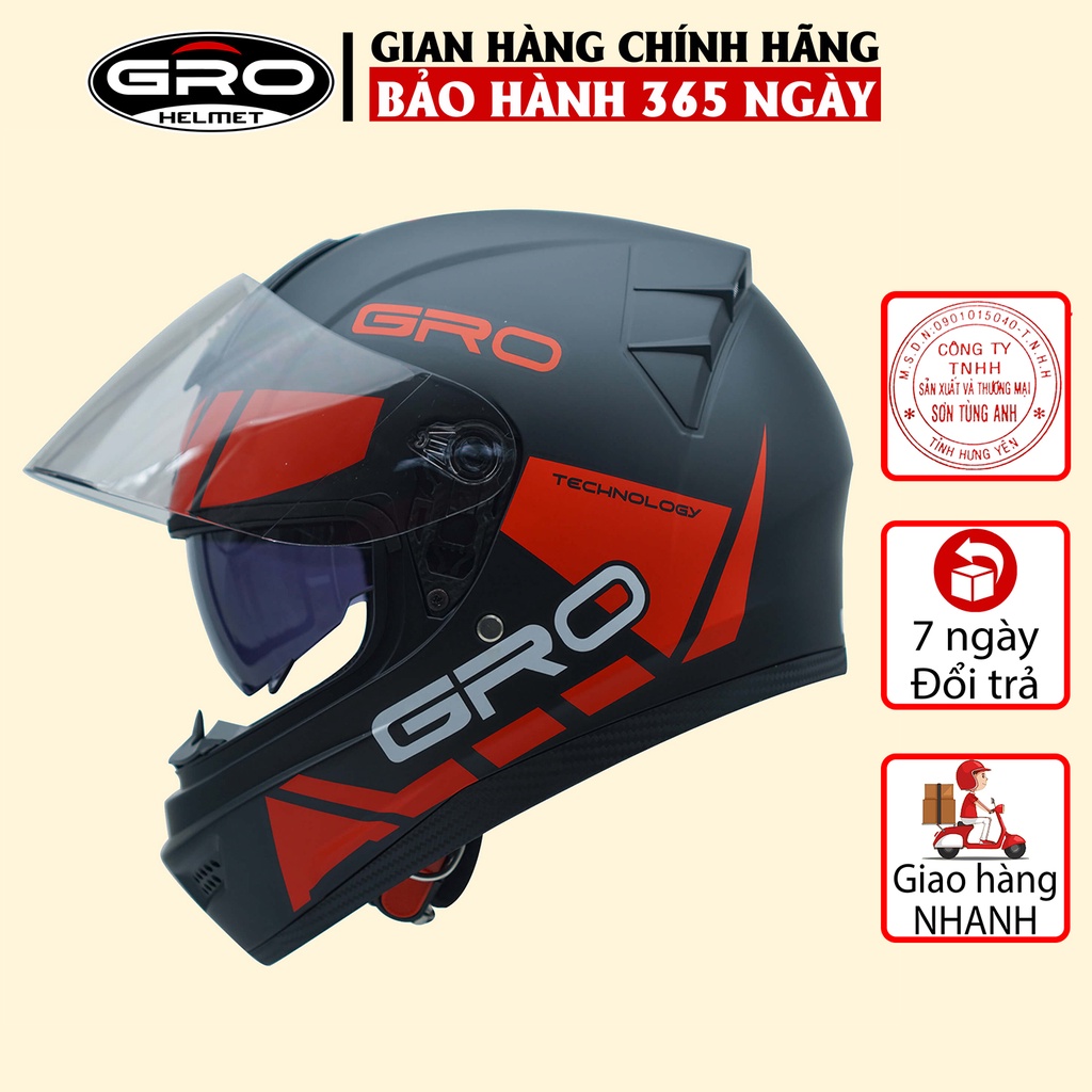 Mũ Bảo Hiểm Fullface Gro có kính chính hãng, thiết kế 2 kính, kiểu dáng mạnh mẽ cho nam - Nhiều màu