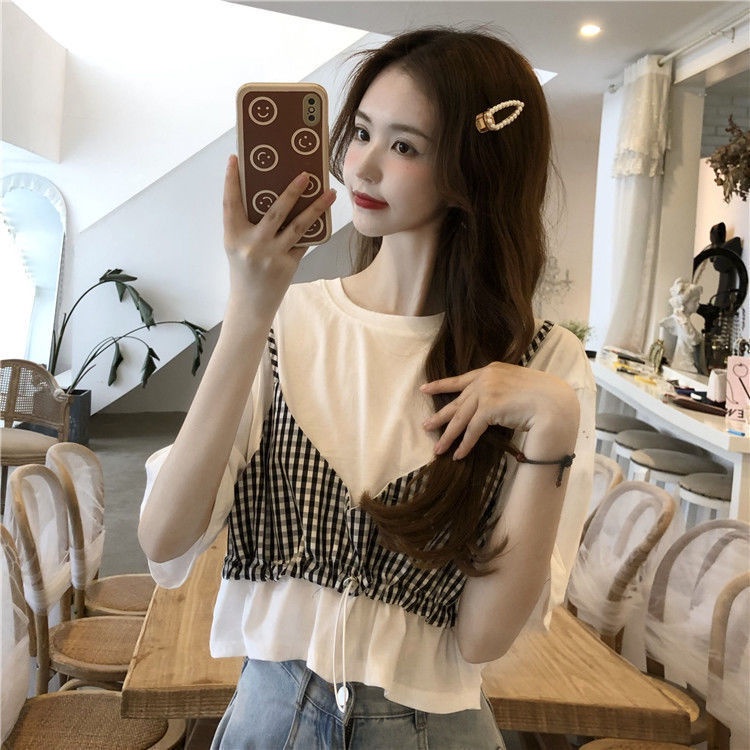 Áo thun giả hai lớp tay ngắn dáng rộng màu đen/ màu trắng thời trang dành cho nữ