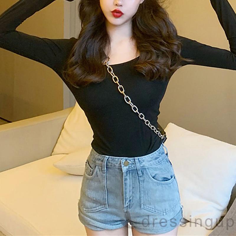 Áo Thun Tay Dài Cổ Xẻ Tà Màu Trơn / Trắng / Kaki Cho Nữ (Màu Đen)