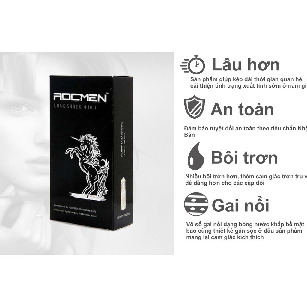 Bao cao su Cao Cấp ROCMEN ĐEN 4 IN 1. Bcs Rocmen Đen Gân-Gai-Nhiều Gel- Kéo dài thời gian yêu ( 1 Hộp BCS 12 Chiếc )