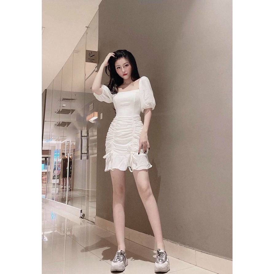 Đầm Nữ Tay Lỡ Trắng Tinh Khôi, Xòe Đuôi Cá Hoa Tiết Rút Dây Nhún Eo