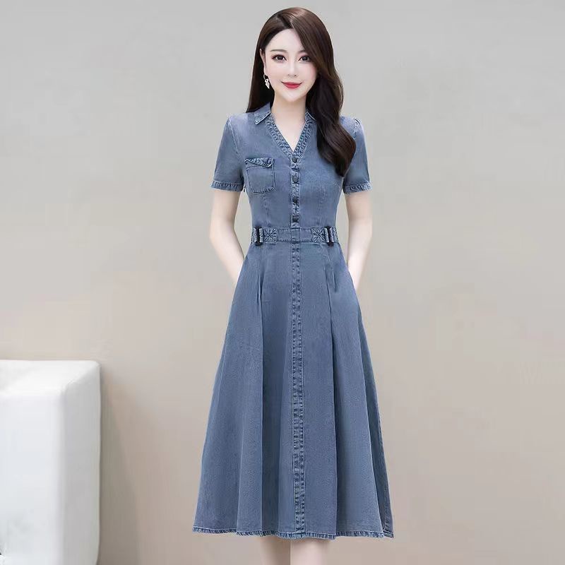 Đầm Denim Dài Tay Ngắn Che Bụng Phong Cách Thời Trang Mới 2022