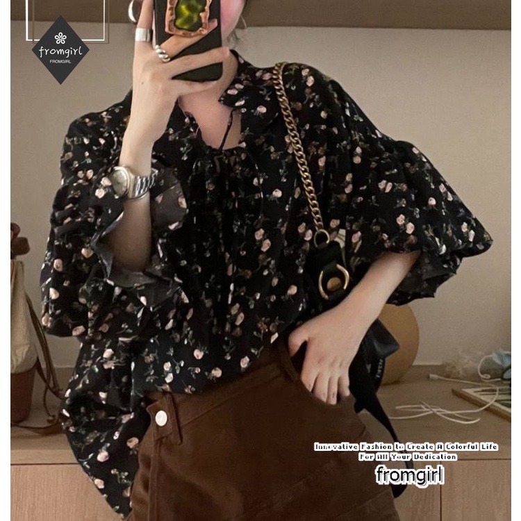 Áo Sơ Mi Nữ Tay Dài Cổ Chữ V Dáng Rộng In Hoa Màu Đen Kiểu Hàn Quốc Thời Trang Mùa Thu