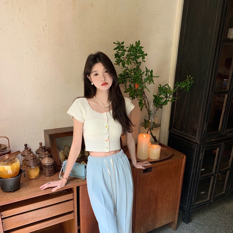 Áo croptop dệt kim SUXI tay ngắn màu trơn thời trang mùa hè dành cho nữ