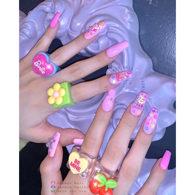 [ NAIL BOX ] móng úp thiết kế sẵn mẫu pastel charm gấu tặng kèm keo dũa - Jasmin Nailbox
