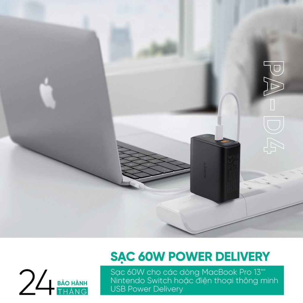 Cốc Sạc Nhanh AUKEY PA-D4 Type C PD 60W Sạc Được Macbook Pro, Sạc Nhanh iPhone/iPad - Chính hãng